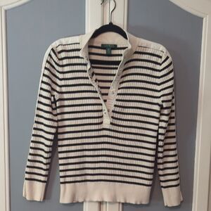 Ralph Lauren Cream and Black Striped Ribbed V-Neck Sweater